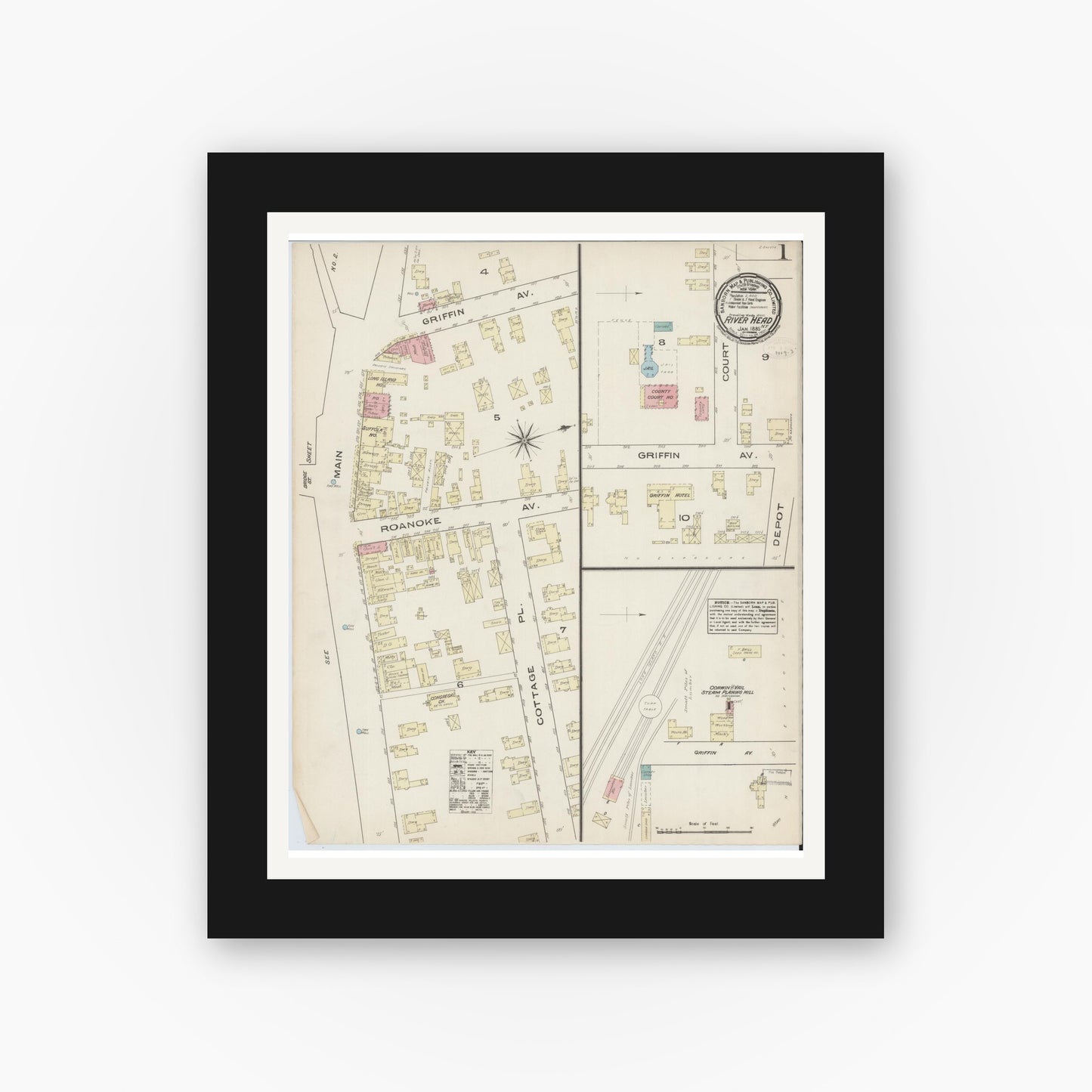 Old map wall art mockup — black gallery frame with white mat — Sanborn Fire Insurance Map from Riverhead, Suffolk County, New York (1885) - Complete Map Set
