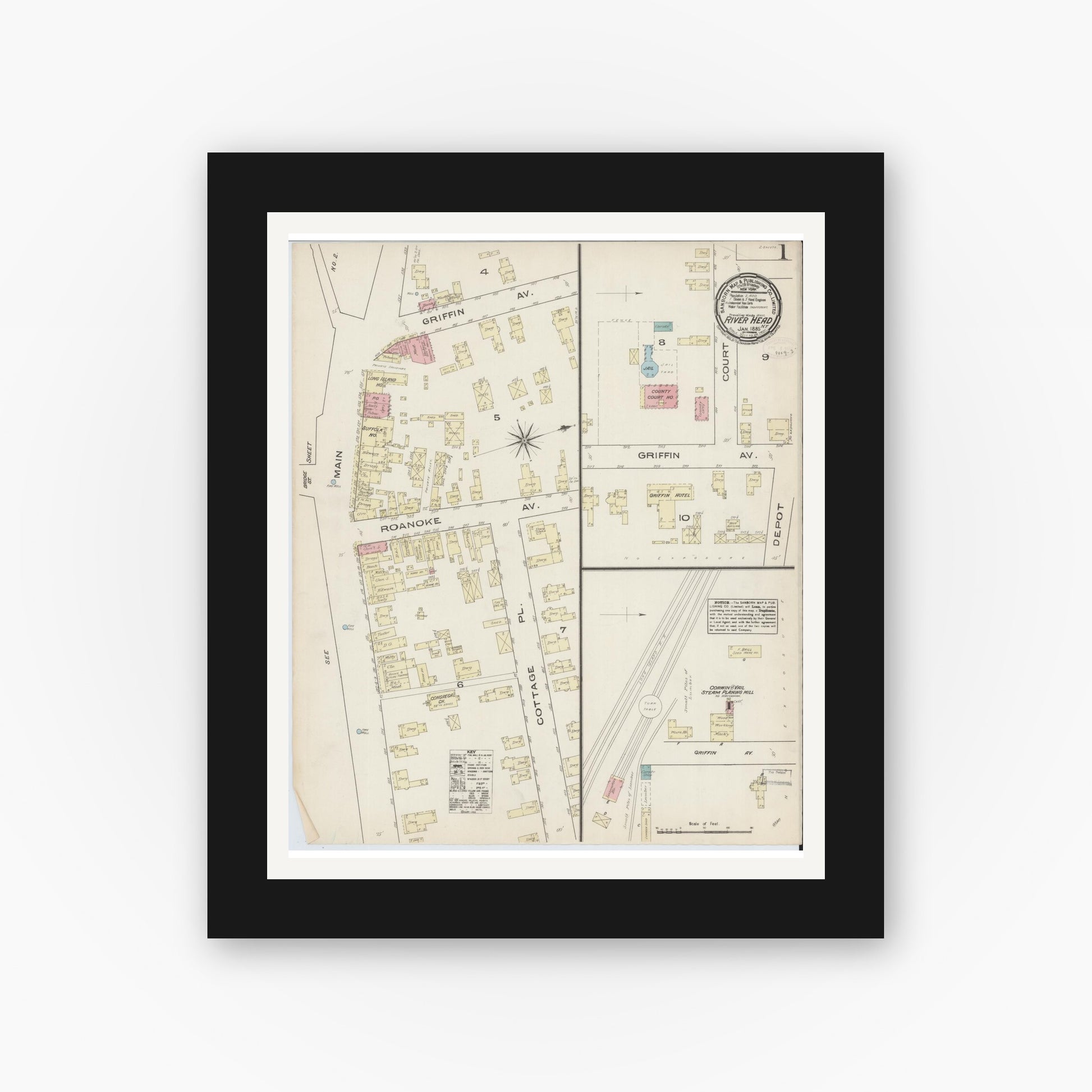 Old map wall art mockup — black gallery frame with white mat — Sanborn Fire Insurance Map from Riverhead, Suffolk County, New York (1885) - Complete Map Set