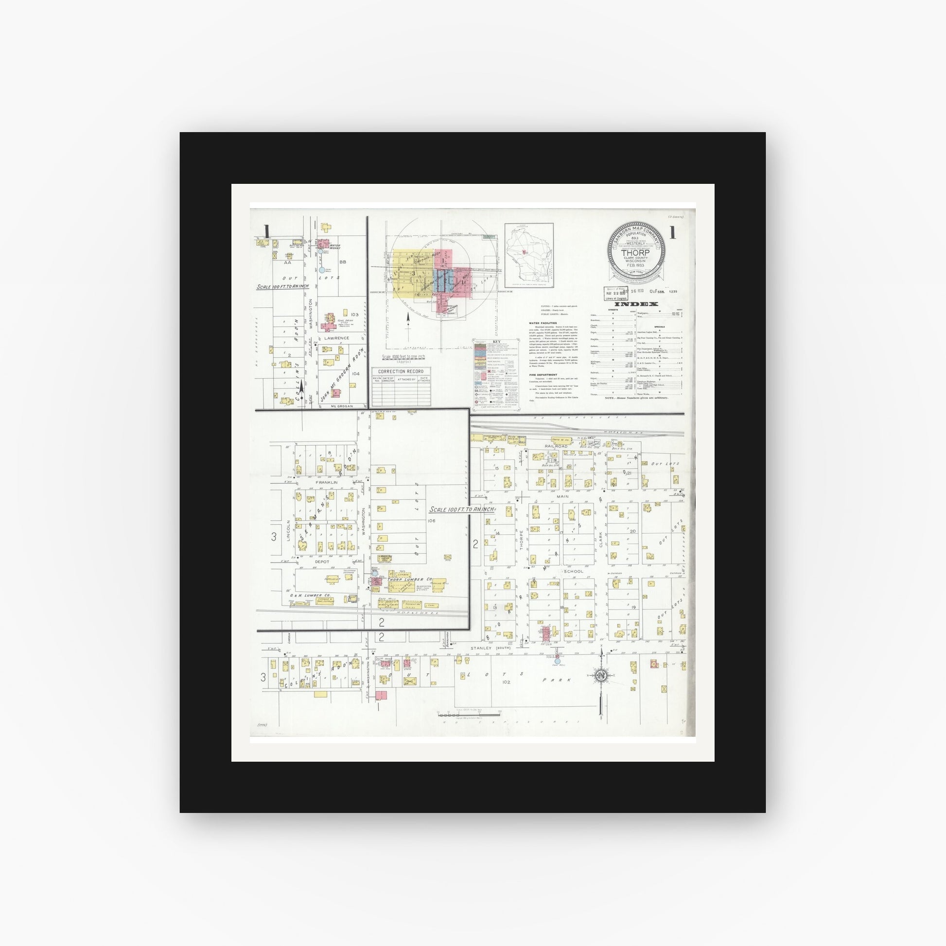Old map wall art mockup — black gallery frame with white mat — Sanborn Fire Insurance Map from Thorpe, Clark County, Wisconsin (1933) - Complete Map Set