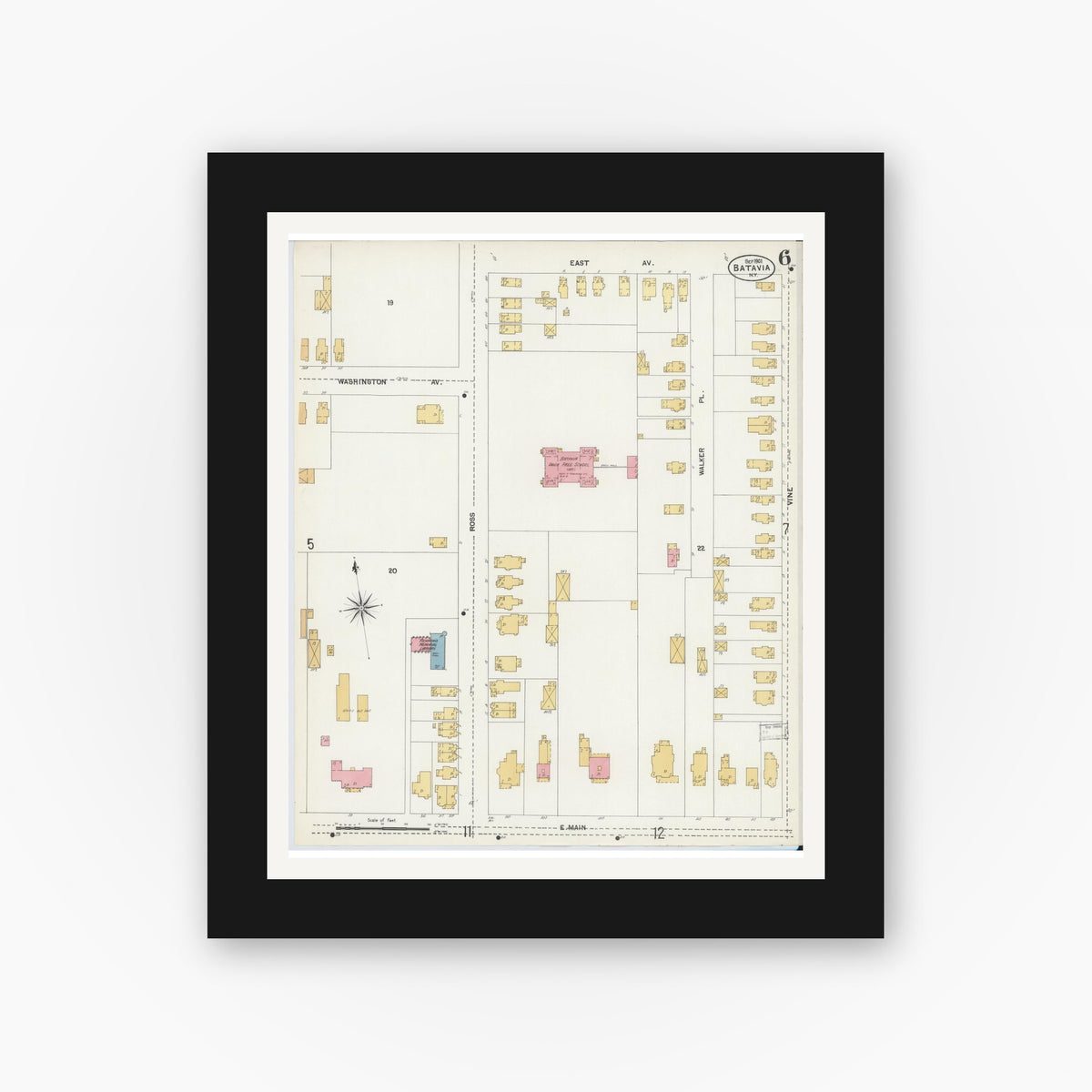 Old map wall art mockup — black gallery frame with white mat — Sanborn Fire Insurance Map from Batavia, Genesee County, New York (1901), Sheet #0006