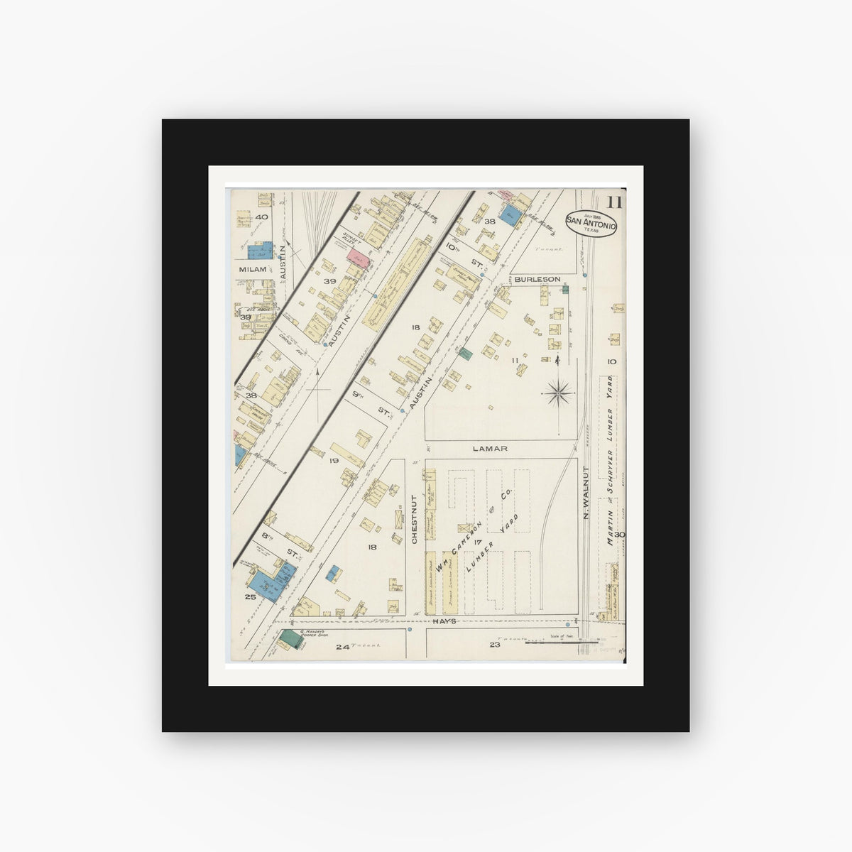 Old map wall art mockup — black gallery frame with white mat — Sanborn Fire Insurance Map from San Antonio, Bexar County, Texas (1885), Sheet #0011