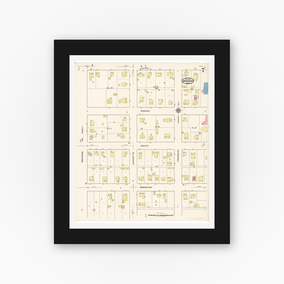Old map wall art mockup — black gallery frame with white mat — Sanborn Fire Insurance Map from Marengo, Iowa County, Iowa (1922), Sheet #0007