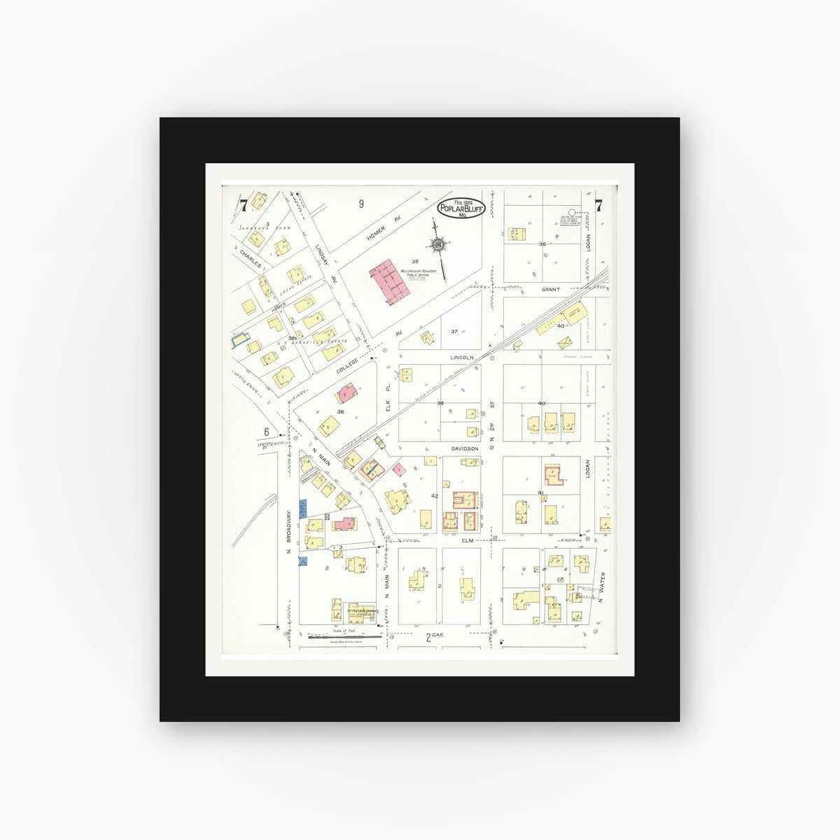 Old map wall art mockup — black gallery frame with white mat — Sanborn Fire Insurance Map from Poplar Bluff, Butler County, Missouri (1924), Sheet #0007