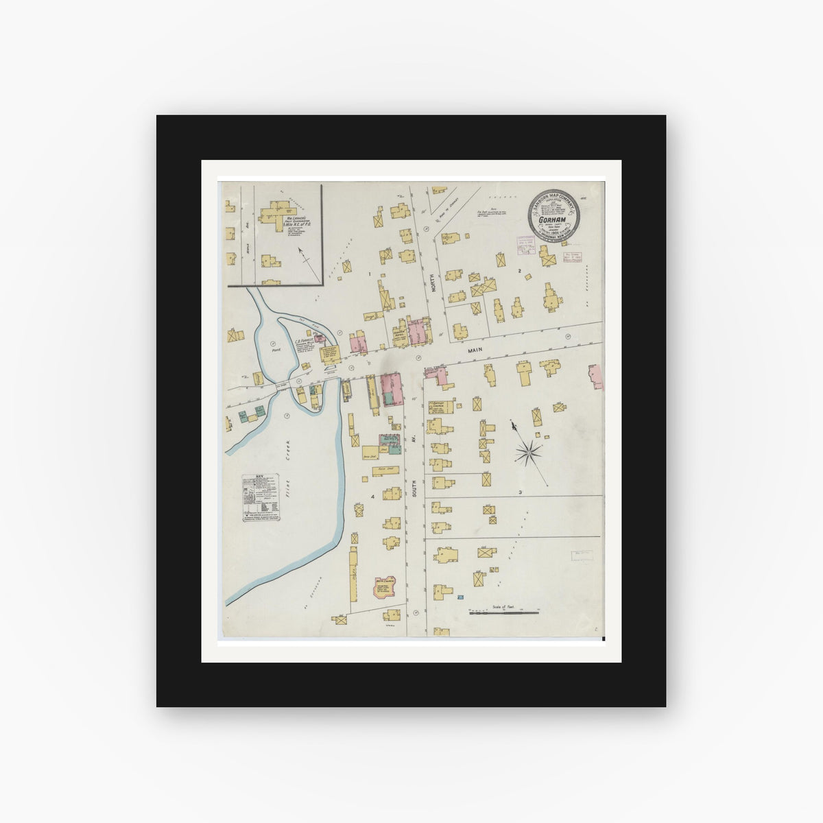 Old map wall art mockup — black gallery frame with white mat — Sanborn Fire Insurance Map from Gorham, Ortario County, New York (1906), Sheet #0001