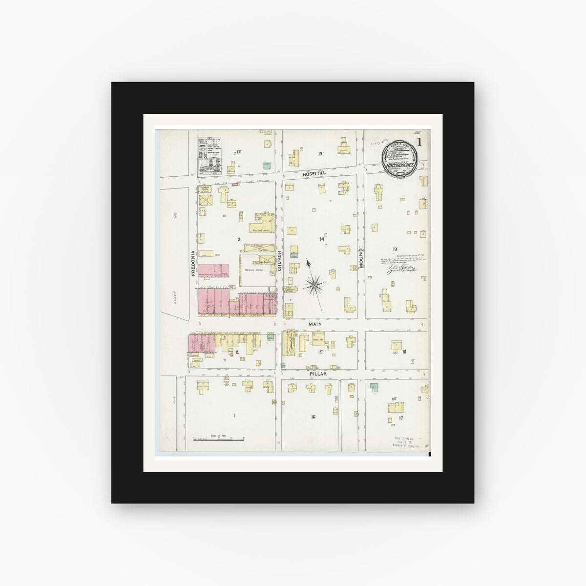 Old map wall art mockup — black gallery frame with white mat — Sanborn Fire Insurance Map from Nacogdoches, Nacogdoches County, Texas (1891), Sheet #0001