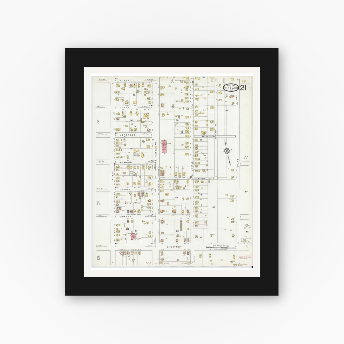 Old map wall art mockup — black gallery frame with white mat — Sanborn Fire Insurance Map from Vineland, Cumberland County, New Jersey (1919), Sheet #0021