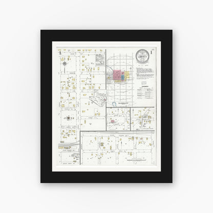 Old map wall art mockup — black gallery frame with white mat — Sanborn Fire Insurance Map from Liberty, Liberty County, Texas (1927) - Complete Map Set