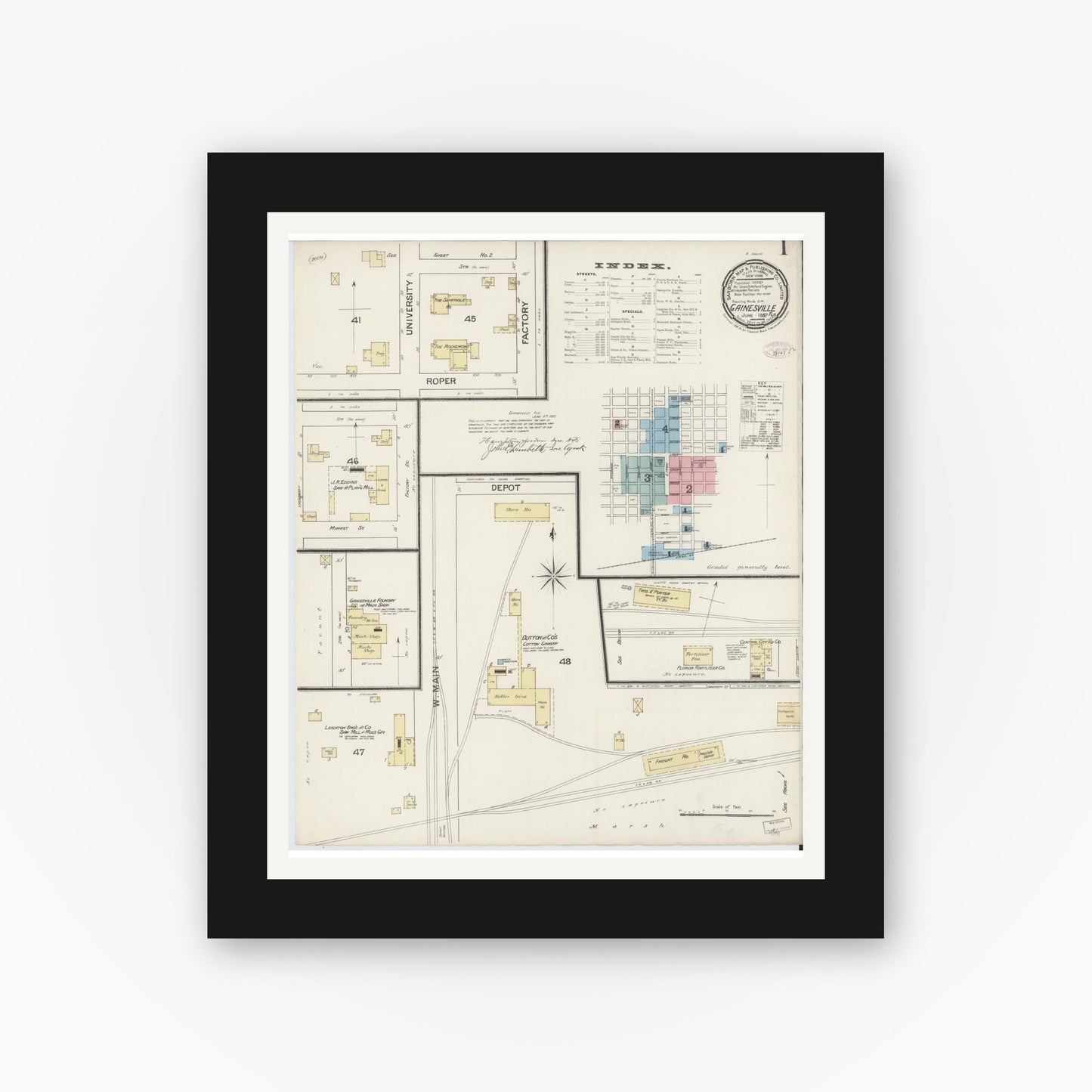 Old map wall art mockup — black gallery frame with white mat — Sanborn Fire Insurance Map from Gainesville, Alachua County, Florida (1887) - Complete Map Set