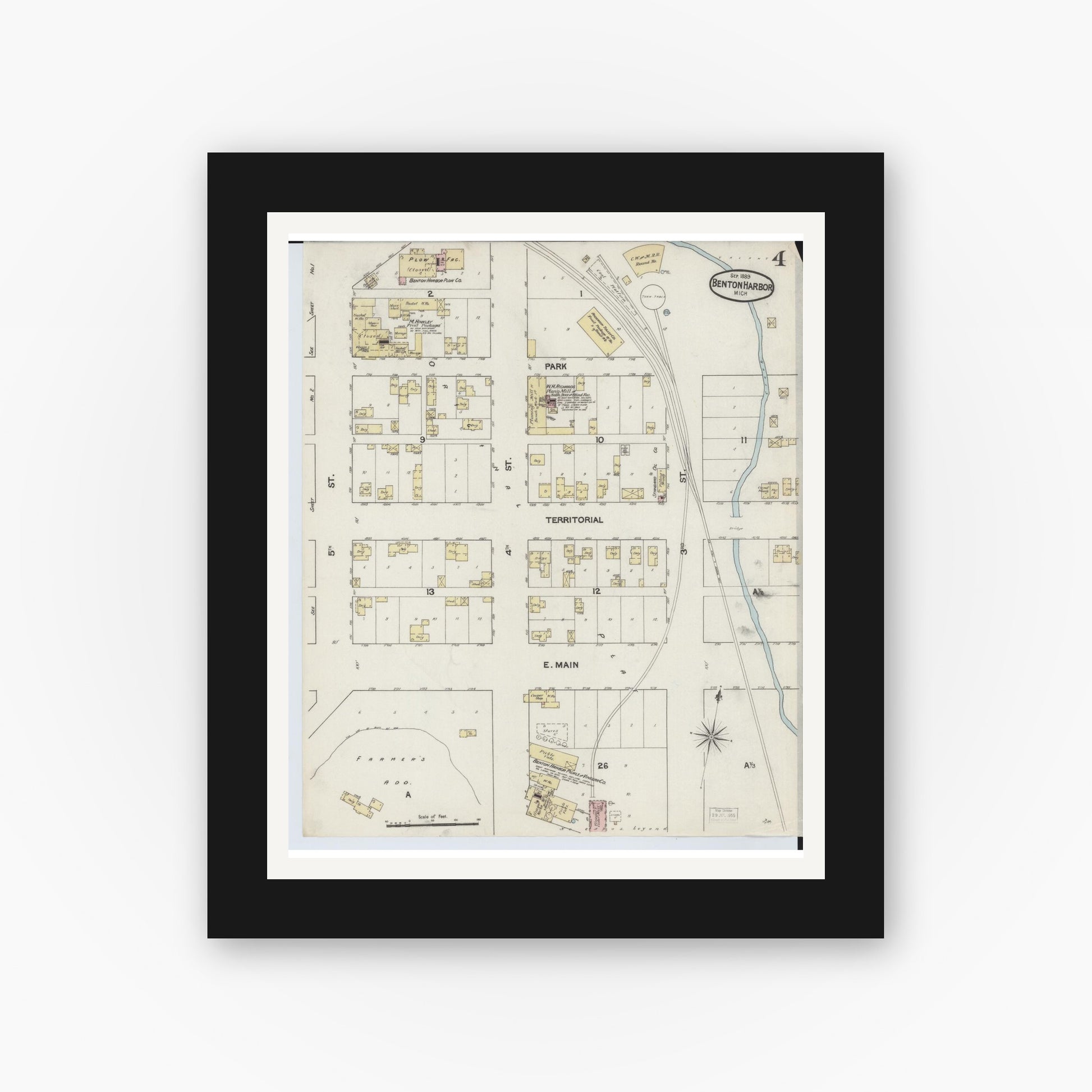 Old map wall art mockup — black gallery frame with white mat — Sanborn Fire Insurance Map from Benton Harbor, Berrien County, Michigan (1889), Sheet #0004
