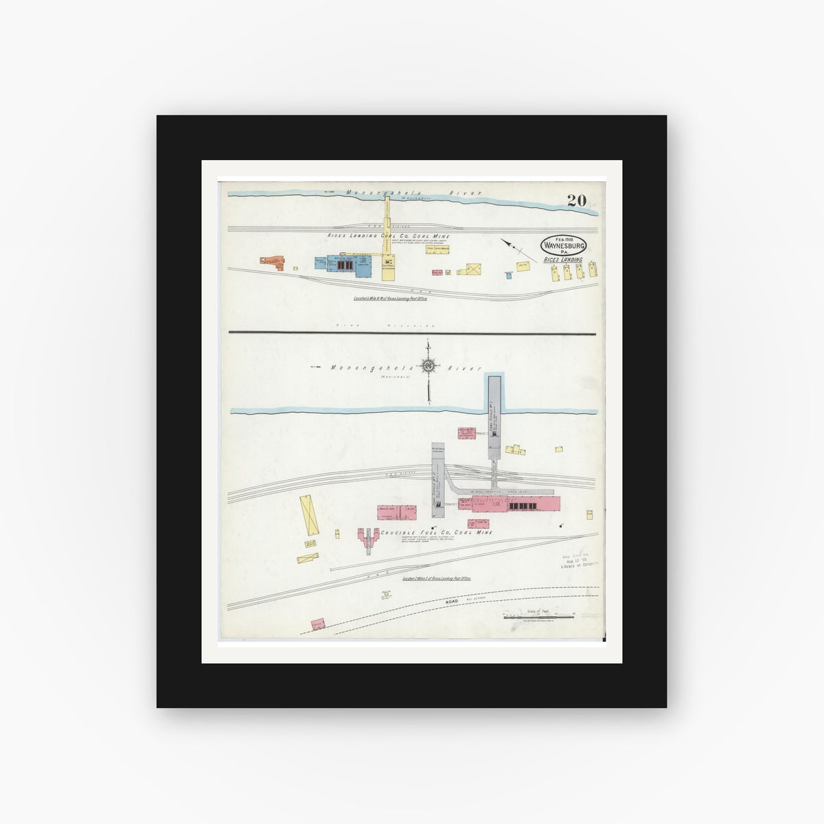 Old map wall art mockup — black gallery frame with white mat — Sanborn Fire Insurance Map from Waynesburg, Greene County, Pennsylvania (1918), Sheet #0020