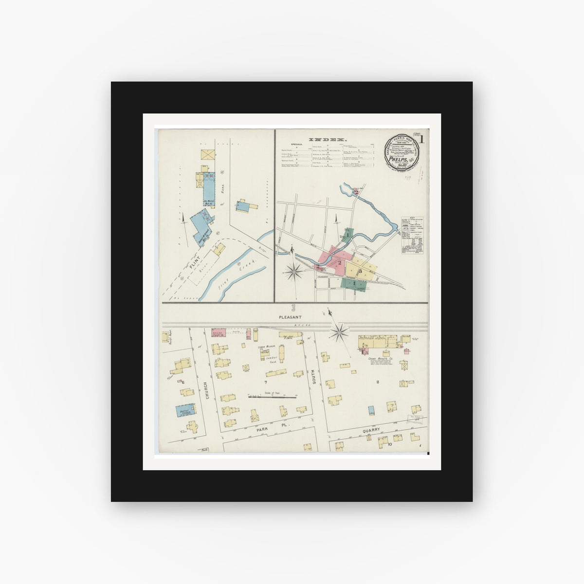 Old map wall art mockup — black gallery frame with white mat — Sanborn Fire Insurance Map from Phelps, Ontario County, New York (1894) - Complete Map Set
