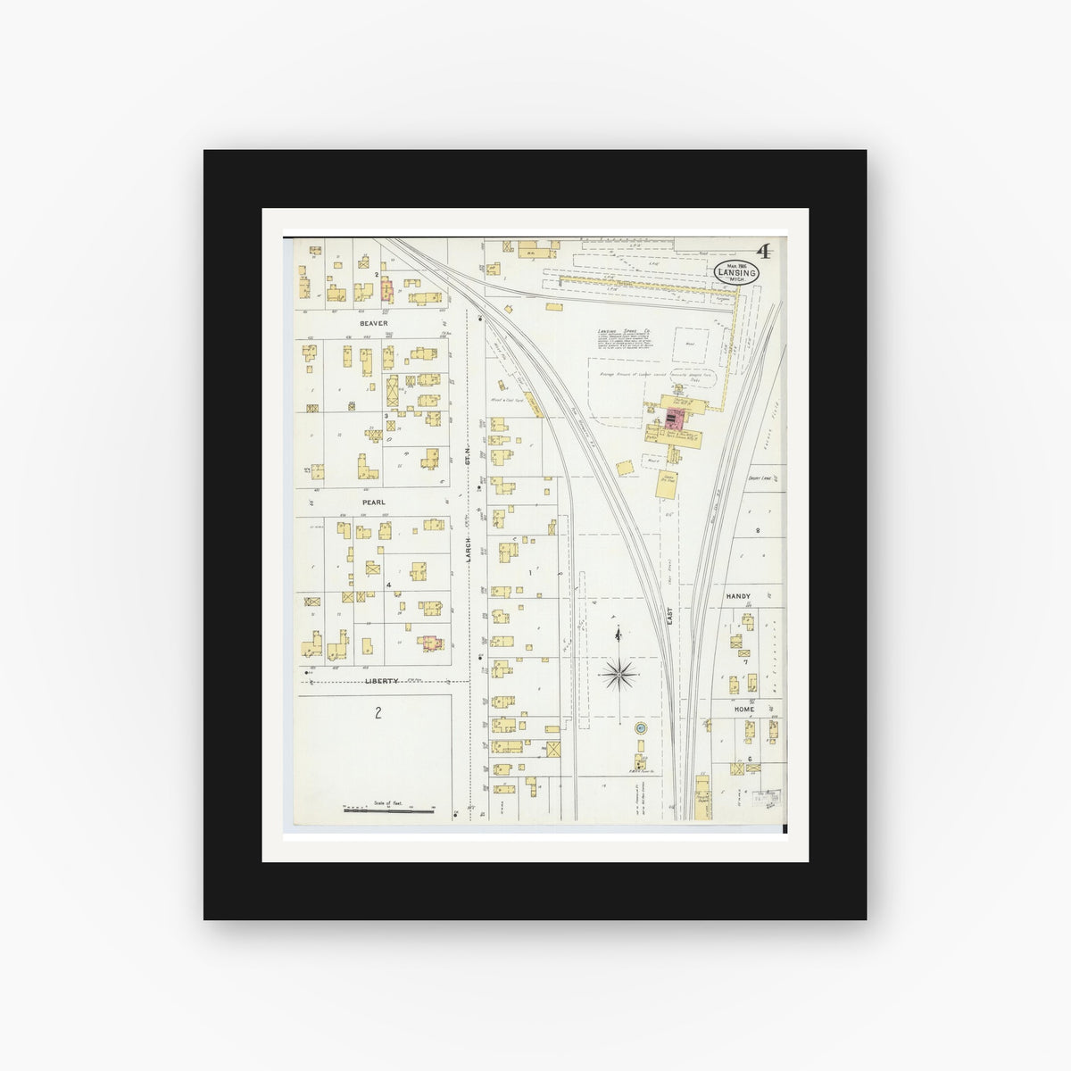 Old map wall art mockup — black gallery frame with white mat — Sanborn Fire Insurance Map from Lansing, Ingham County, Michigan (1906), Sheet #0004