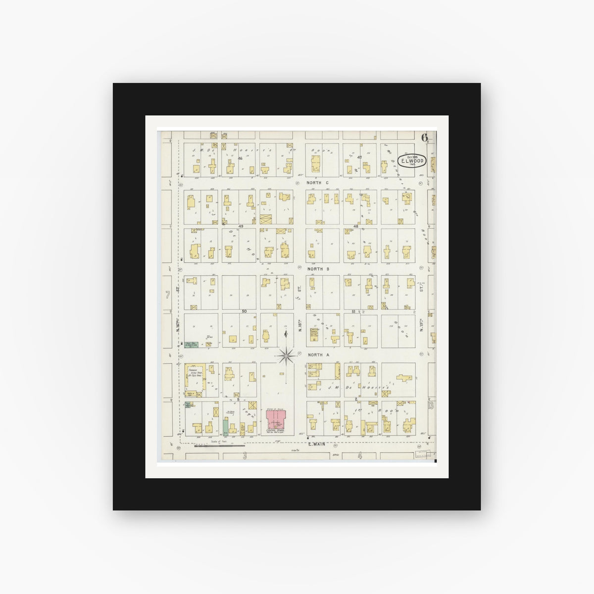 Old map wall art mockup — black gallery frame with white mat — Sanborn Fire Insurance Map from Elwood, Madison County, Indiana (1895), Sheet #0006