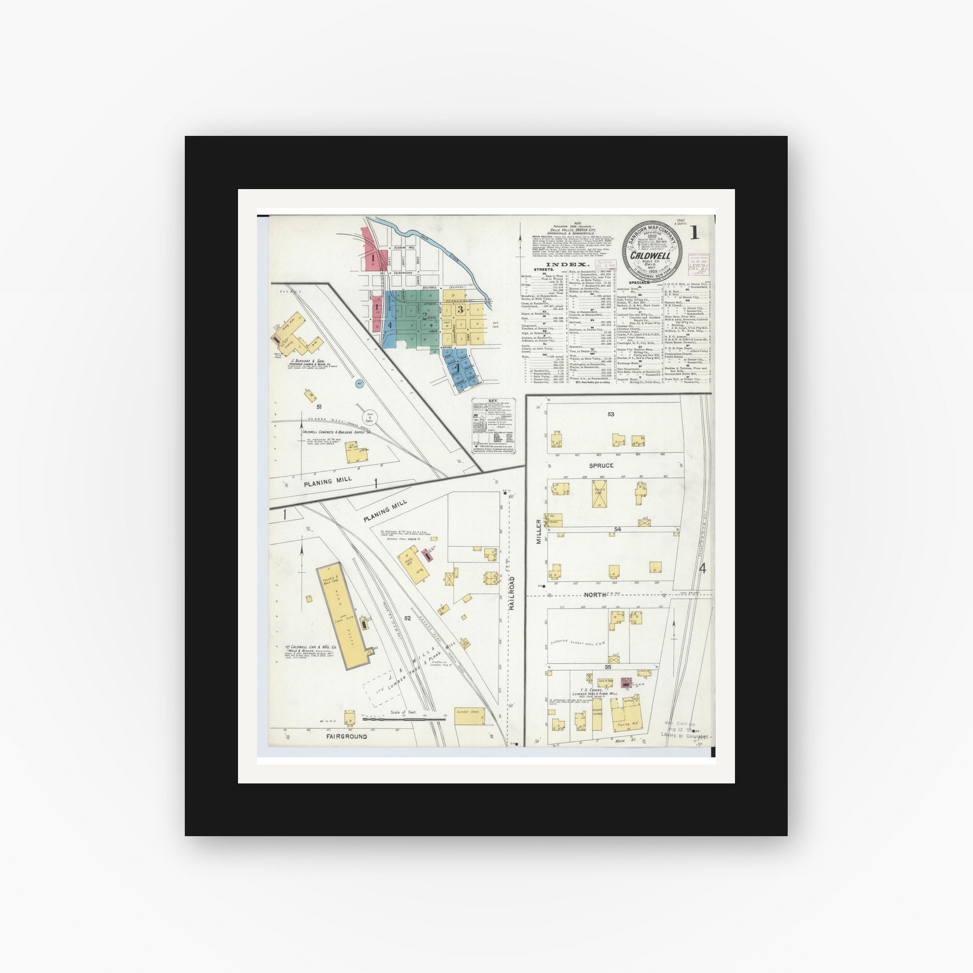 Old map wall art mockup — black gallery frame with white mat — Sanborn Fire Insurance Map from Caldwell, Noble County, Ohio (1905) - Complete Map Set