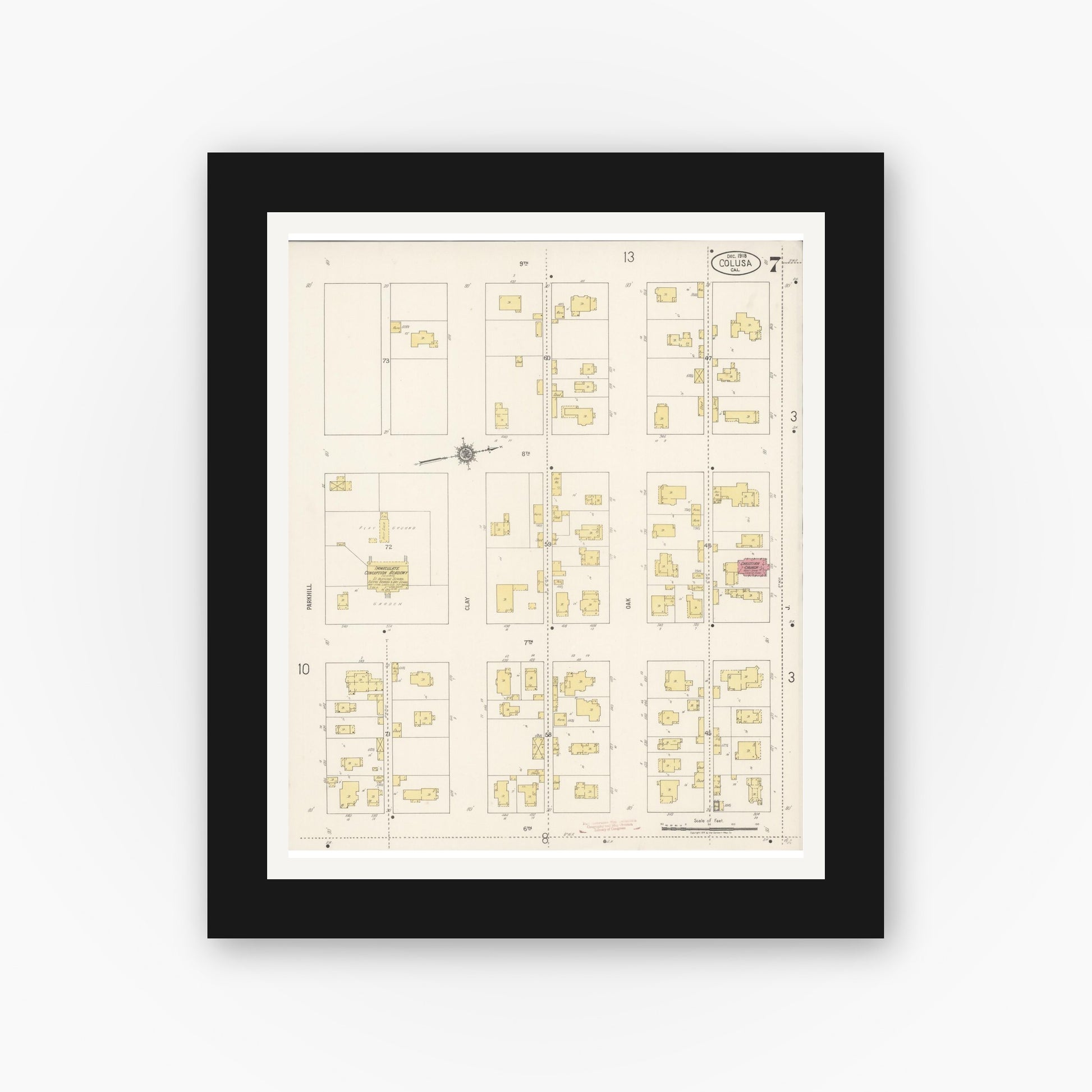 Old map wall art mockup — black gallery frame with white mat — Sanborn Fire Insurance Map from Colusa, Colusa County, California (1918), Sheet #0007