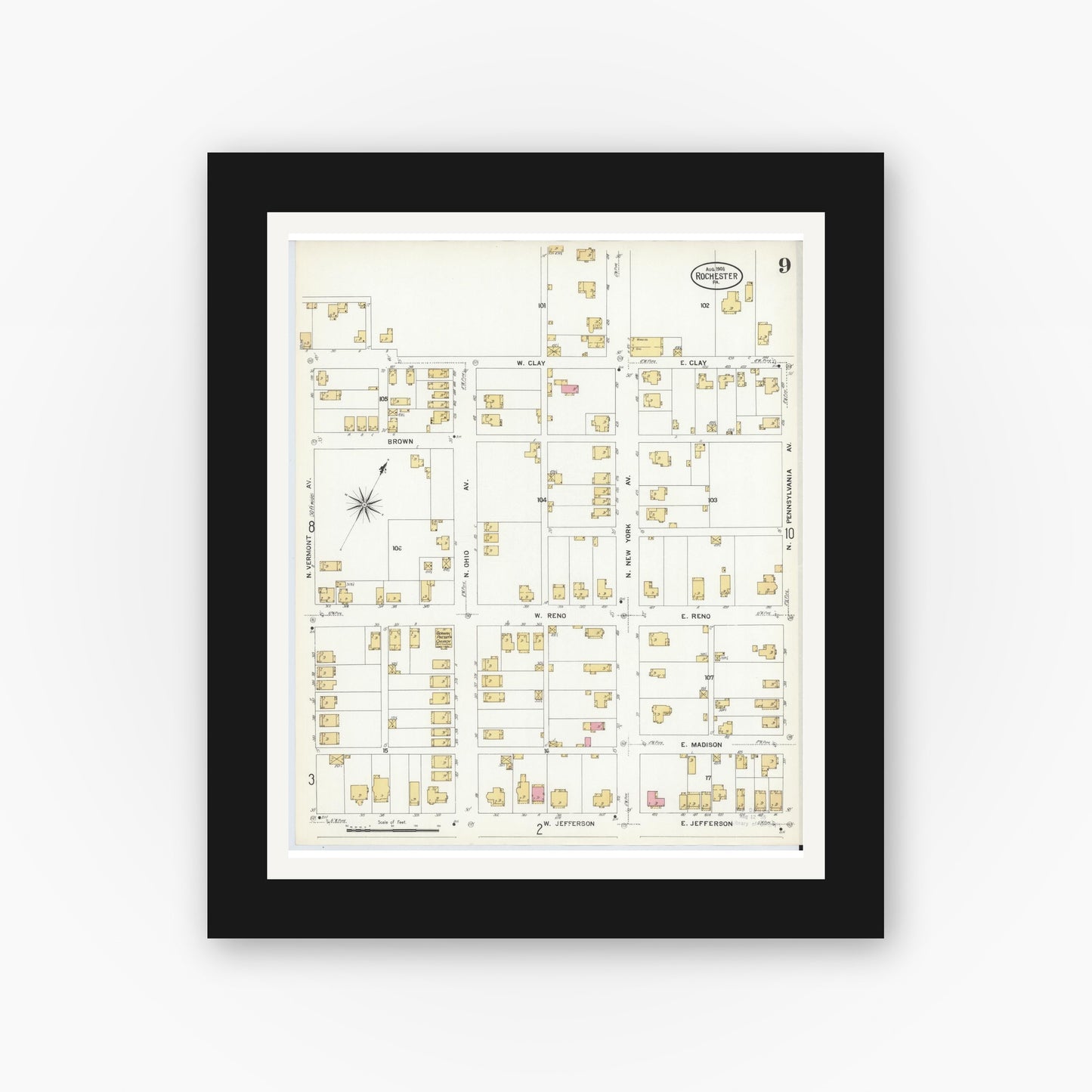 Old map wall art mockup — black gallery frame with white mat — Sanborn Fire Insurance Map from Rochester, Beaver County, Pennsylvania (1908), Sheet #0009