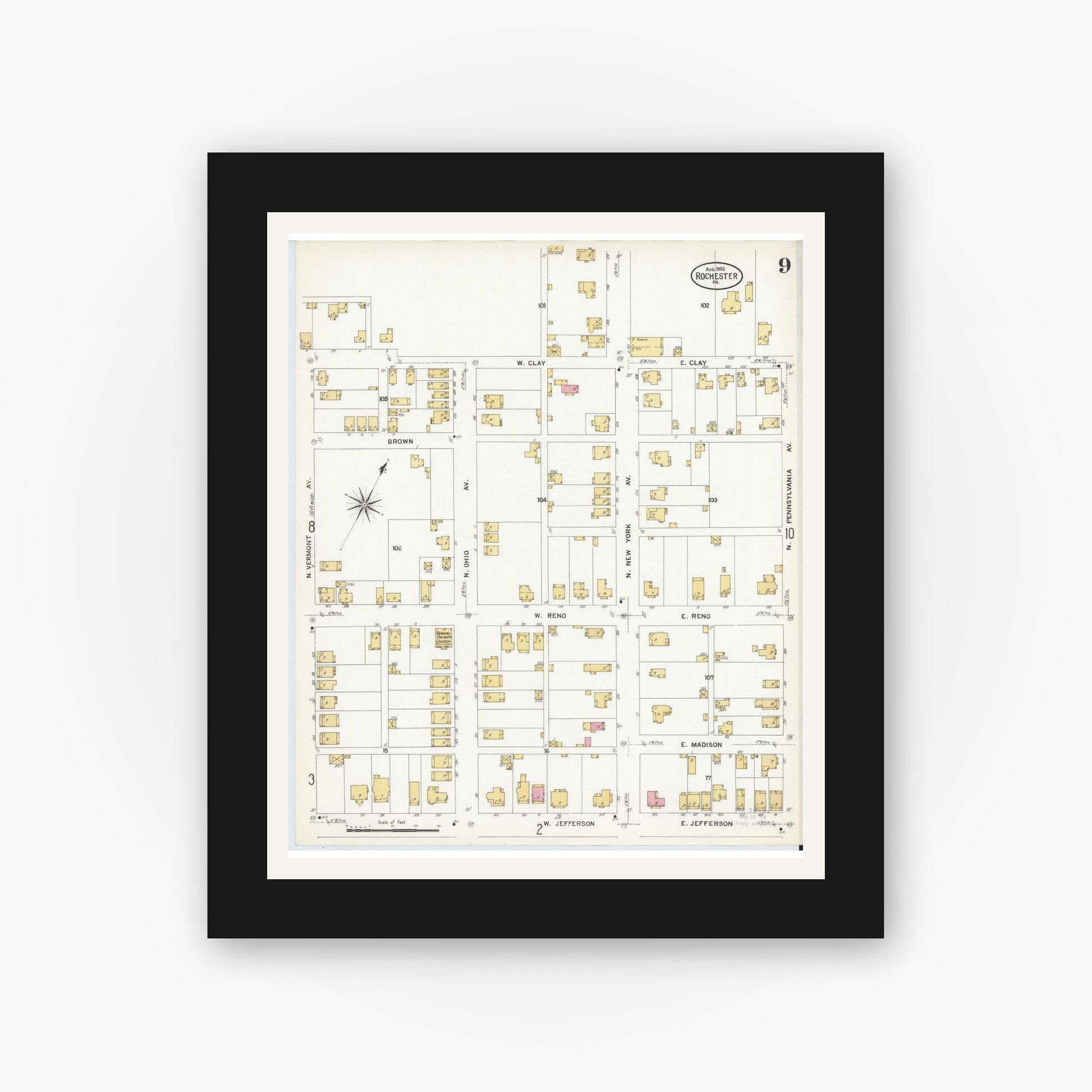 Old map wall art mockup — black gallery frame with white mat — Sanborn Fire Insurance Map from Rochester, Beaver County, Pennsylvania (1908), Sheet #0009