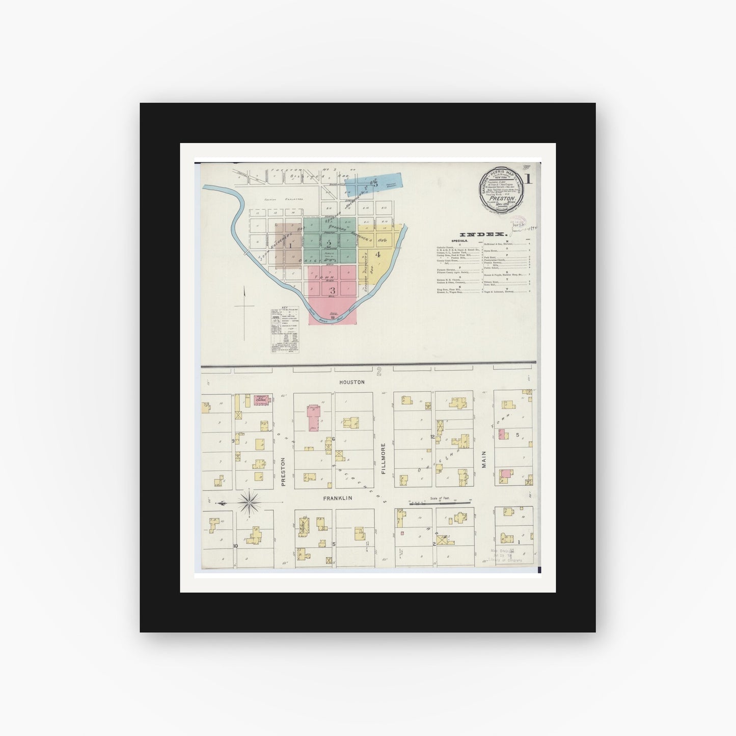 Old map wall art mockup — black gallery frame with white mat — Sanborn Fire Insurance Map from Preston, Fillmore County, Minnesota (1894) - Complete Map Set