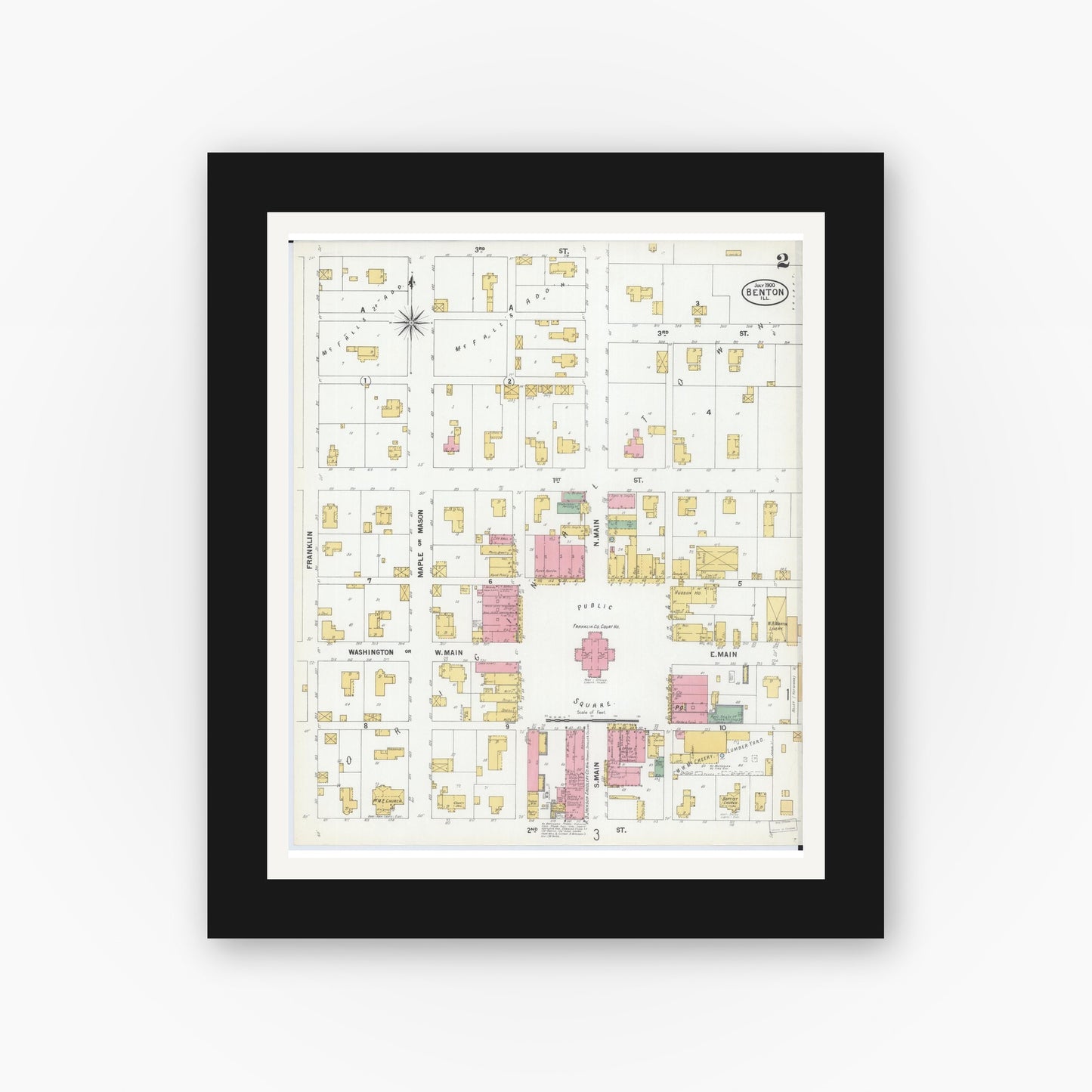 Old map wall art mockup — black gallery frame with white mat — Sanborn Fire Insurance Map from Benton, Franklin County, Illinois (1900), Sheet #0002