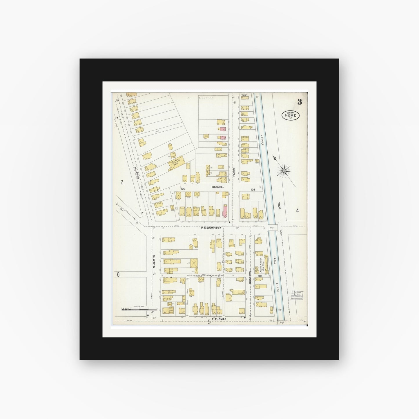 Old map wall art mockup — black gallery frame with white mat — Sanborn Fire Insurance Map from Rome, Oneida County, New York (1899), Sheet #0003