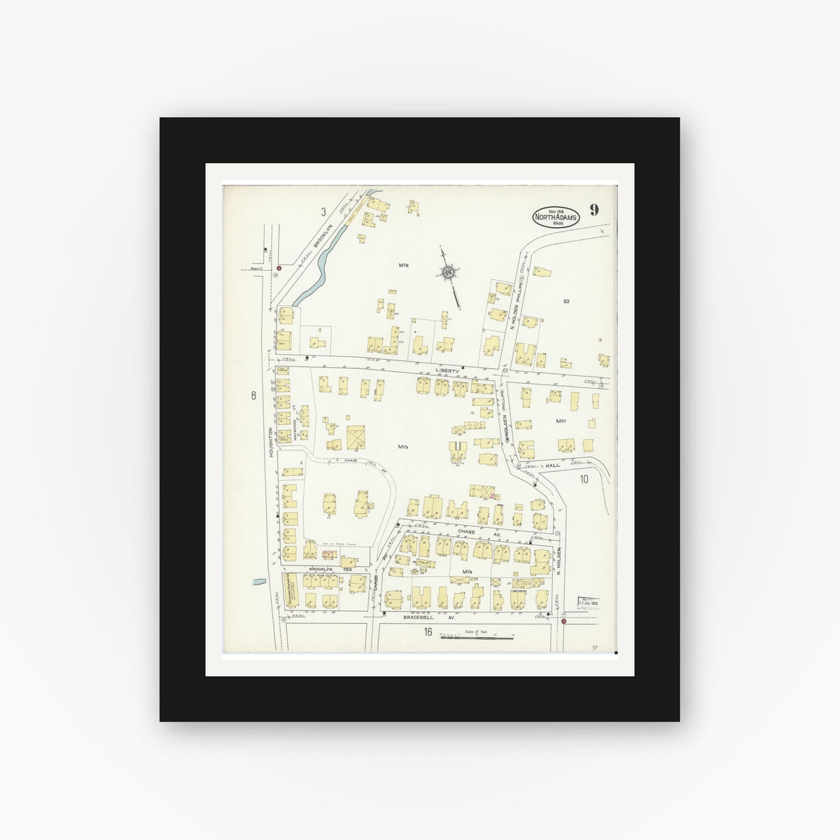 Old map wall art mockup — black gallery frame with white mat — Sanborn Fire Insurance Map from North Adams, Berkshire County, Massachusetts (1914), Sheet #0009