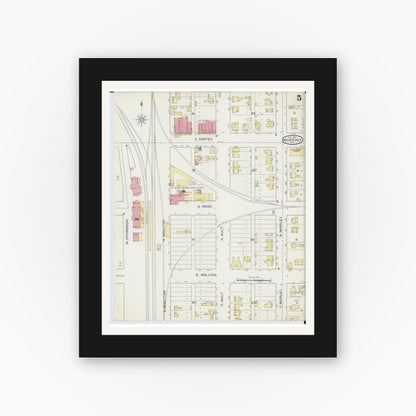 Old map wall art mockup — black gallery frame with white mat — Sanborn Fire Insurance Map from Moberly, Randolph County, Missouri (1893), Sheet #0005