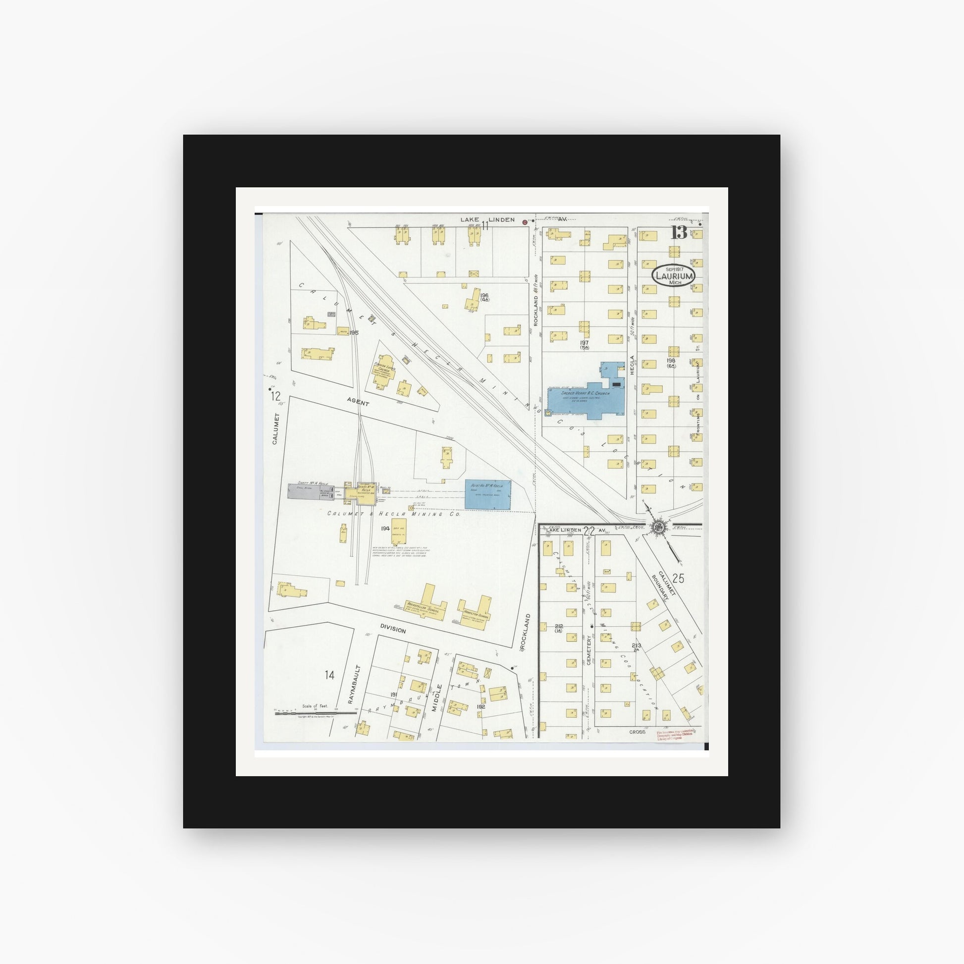 Old map wall art mockup — black gallery frame with white mat — Sanborn Fire Insurance Map from Laurium, Houghton County, Michigan (1917), Sheet #0013