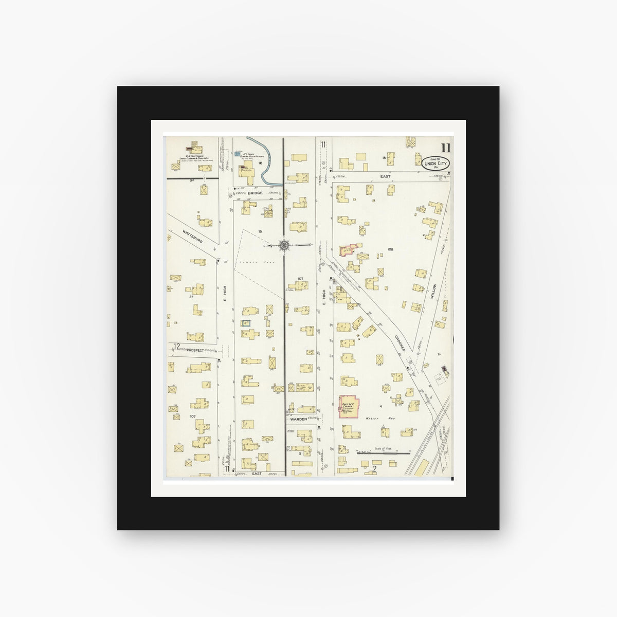 Old map wall art mockup — black gallery frame with white mat — Sanborn Fire Insurance Map from Union City, Erie County, Pennsylvania (1911), Sheet #0011