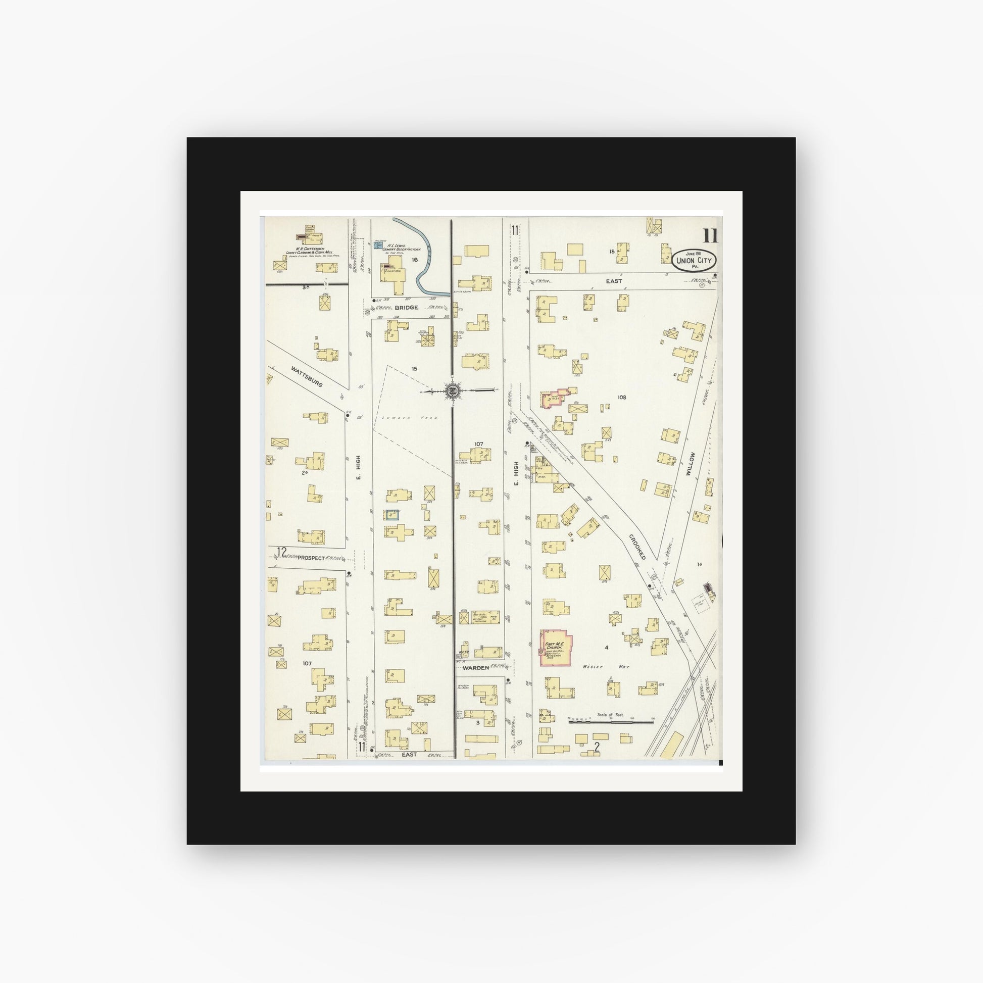 Old map wall art mockup — black gallery frame with white mat — Sanborn Fire Insurance Map from Union City, Erie County, Pennsylvania (1911), Sheet #0011
