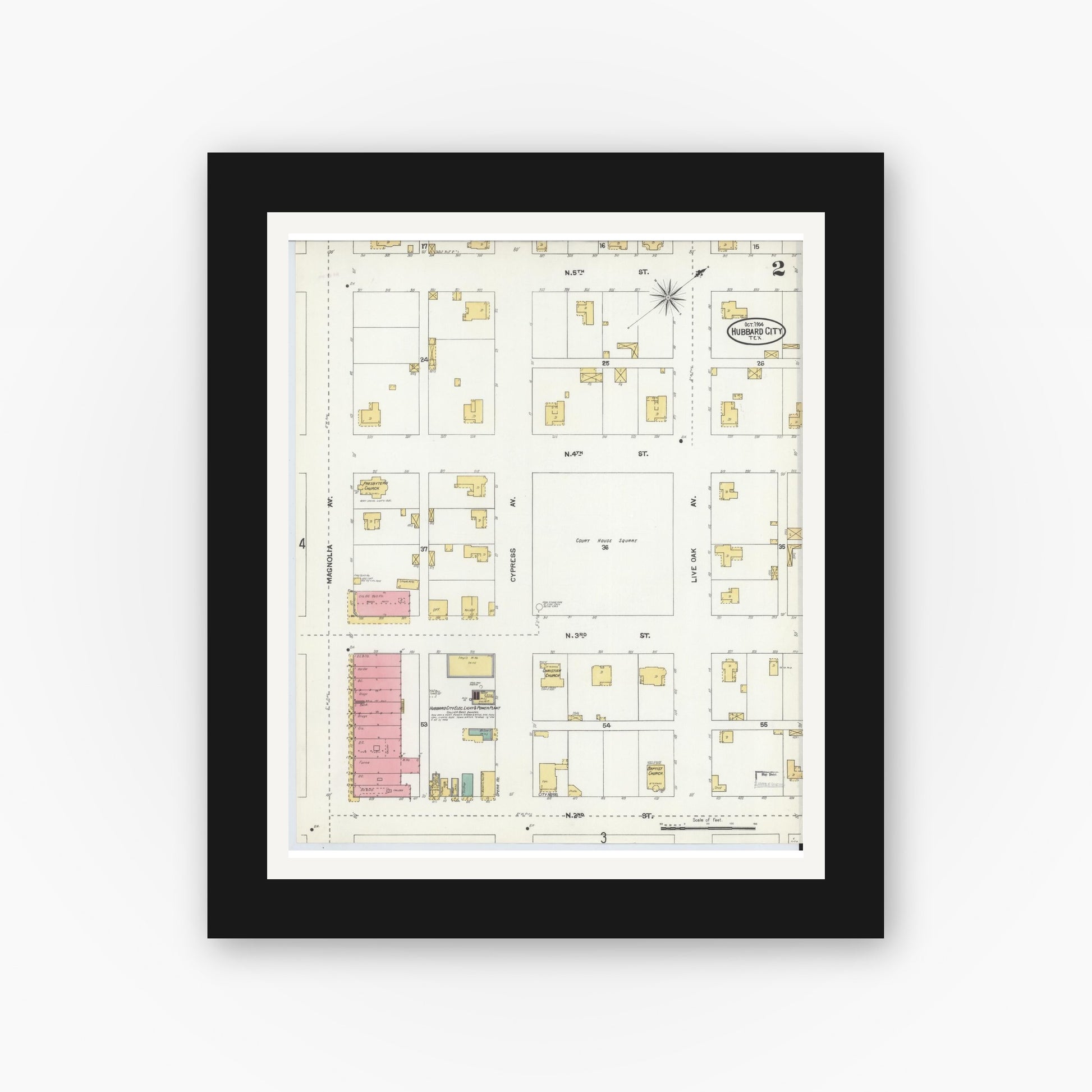Old map wall art mockup — black gallery frame with white mat — Sanborn Fire Insurance Map from Hubbard, Hill County, Texas (1904), Sheet #0002