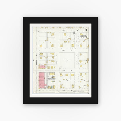 Old map wall art mockup — black gallery frame with white mat — Sanborn Fire Insurance Map from Hubbard, Hill County, Texas (1904), Sheet #0002