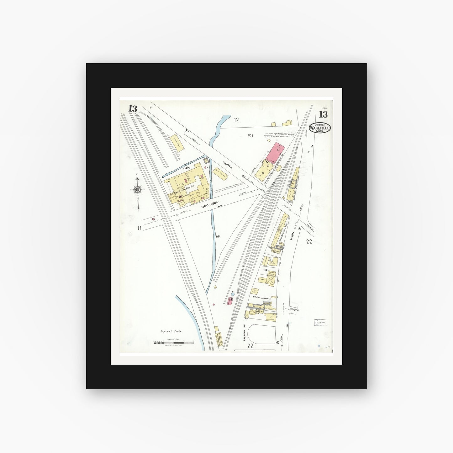Old map wall art mockup — black gallery frame with white mat — Sanborn Fire Insurance Map from Wakefield, Middlesex County, Massachusetts (1923), Sheet #0013