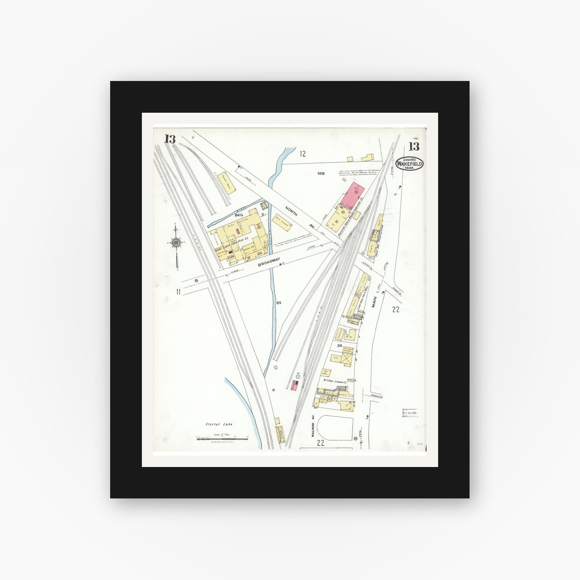 Old map wall art mockup — black gallery frame with white mat — Sanborn Fire Insurance Map from Wakefield, Middlesex County, Massachusetts (1923), Sheet #0013