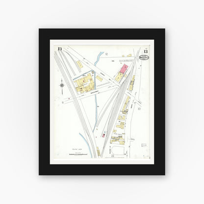 Old map wall art mockup — black gallery frame with white mat — Sanborn Fire Insurance Map from Wakefield, Middlesex County, Massachusetts (1923), Sheet #0013