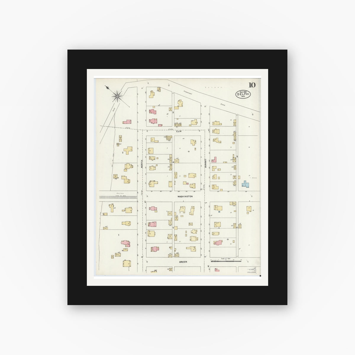 Old map wall art mockup — black gallery frame with white mat — Sanborn Fire Insurance Map from Delphi, Carroll County, Indiana (1906), Sheet #0010