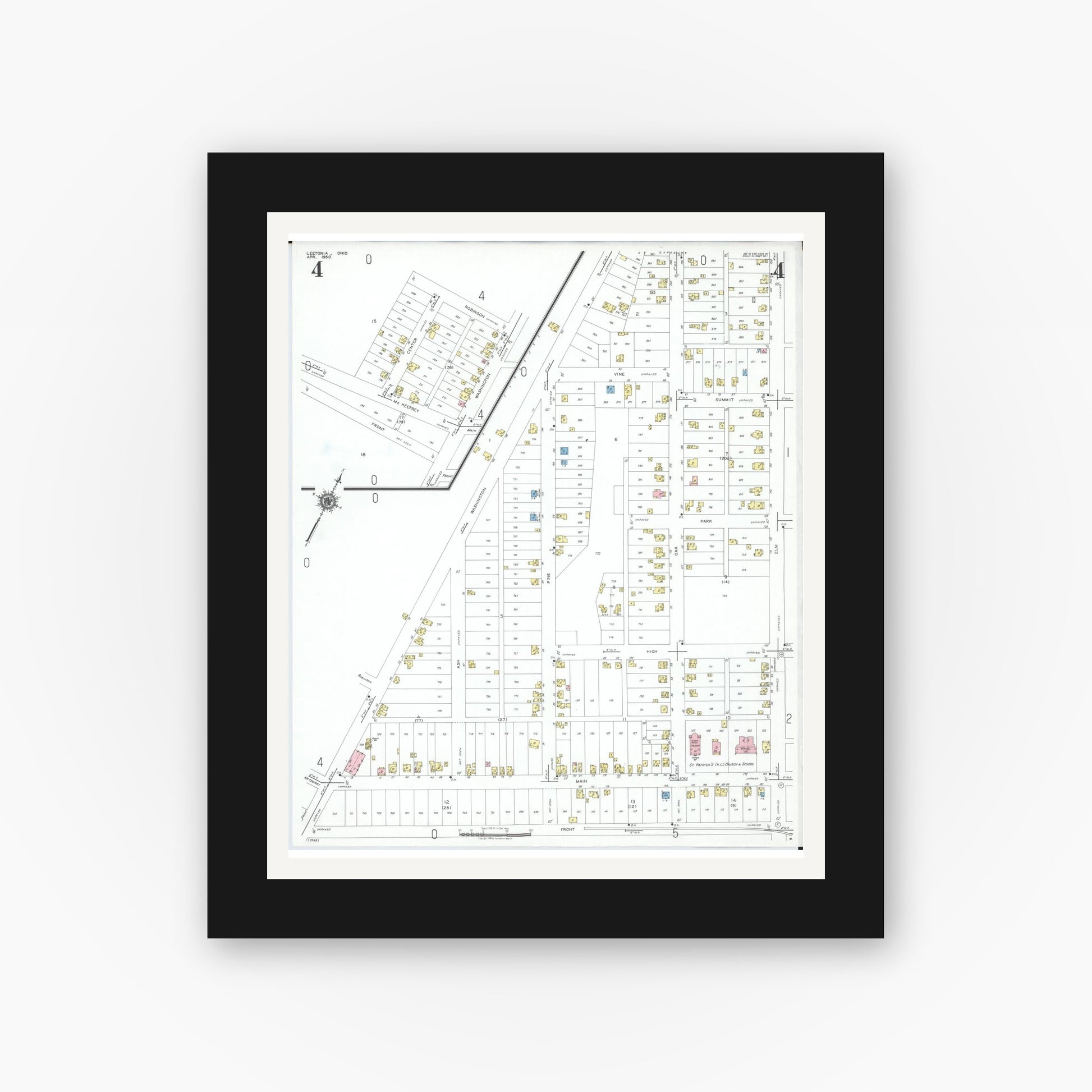 Old map wall art mockup — black gallery frame with white mat — Sanborn Fire Insurance Map from Leetonia, Columbiana County, Ohio (1950), Sheet #0004