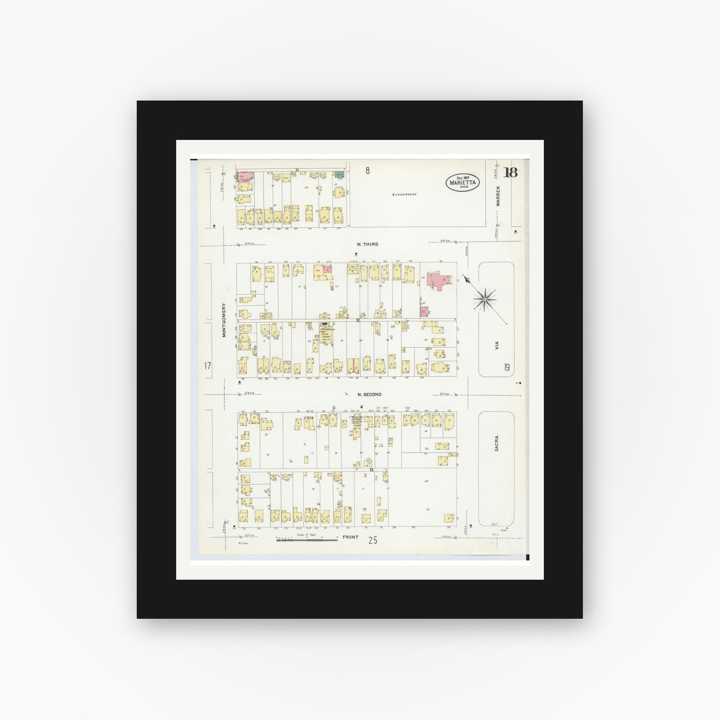 Old map wall art mockup — black gallery frame with white mat — Sanborn Fire Insurance Map from Marietta, Washington County, Ohio (1907), Sheet #0018