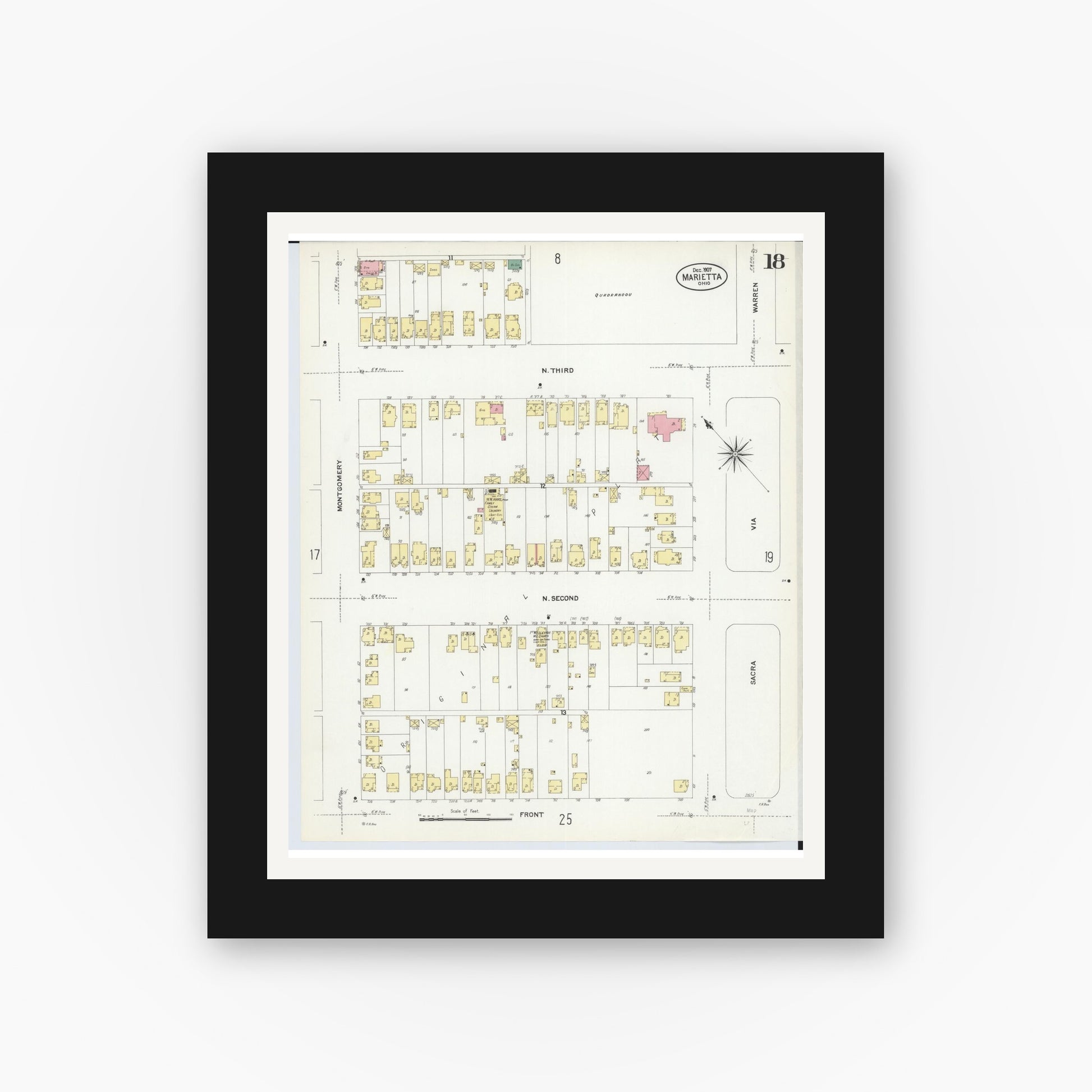 Old map wall art mockup — black gallery frame with white mat — Sanborn Fire Insurance Map from Marietta, Washington County, Ohio (1907), Sheet #0018