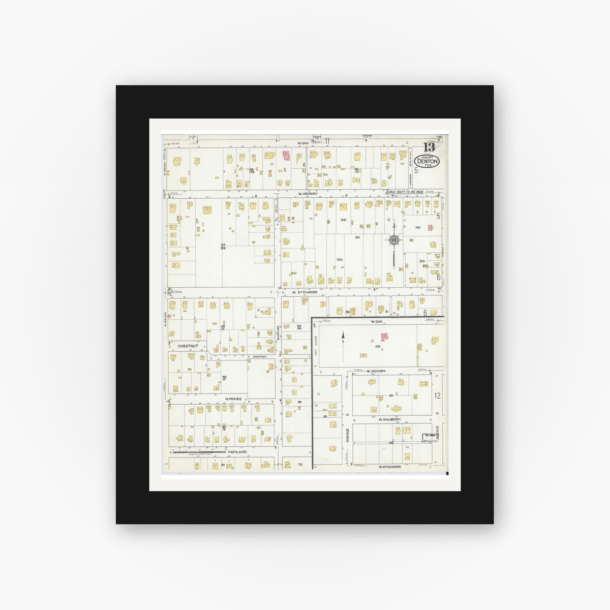 Old map wall art mockup — black gallery frame with white mat — Sanborn Fire Insurance Map from Denton, Denton County, Texas (1917), Sheet #0013