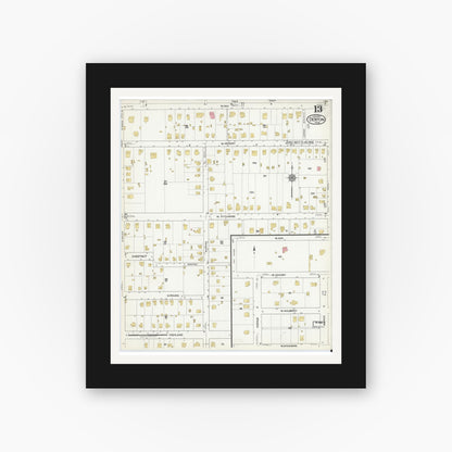 Old map wall art mockup — black gallery frame with white mat — Sanborn Fire Insurance Map from Denton, Denton County, Texas (1917), Sheet #0013