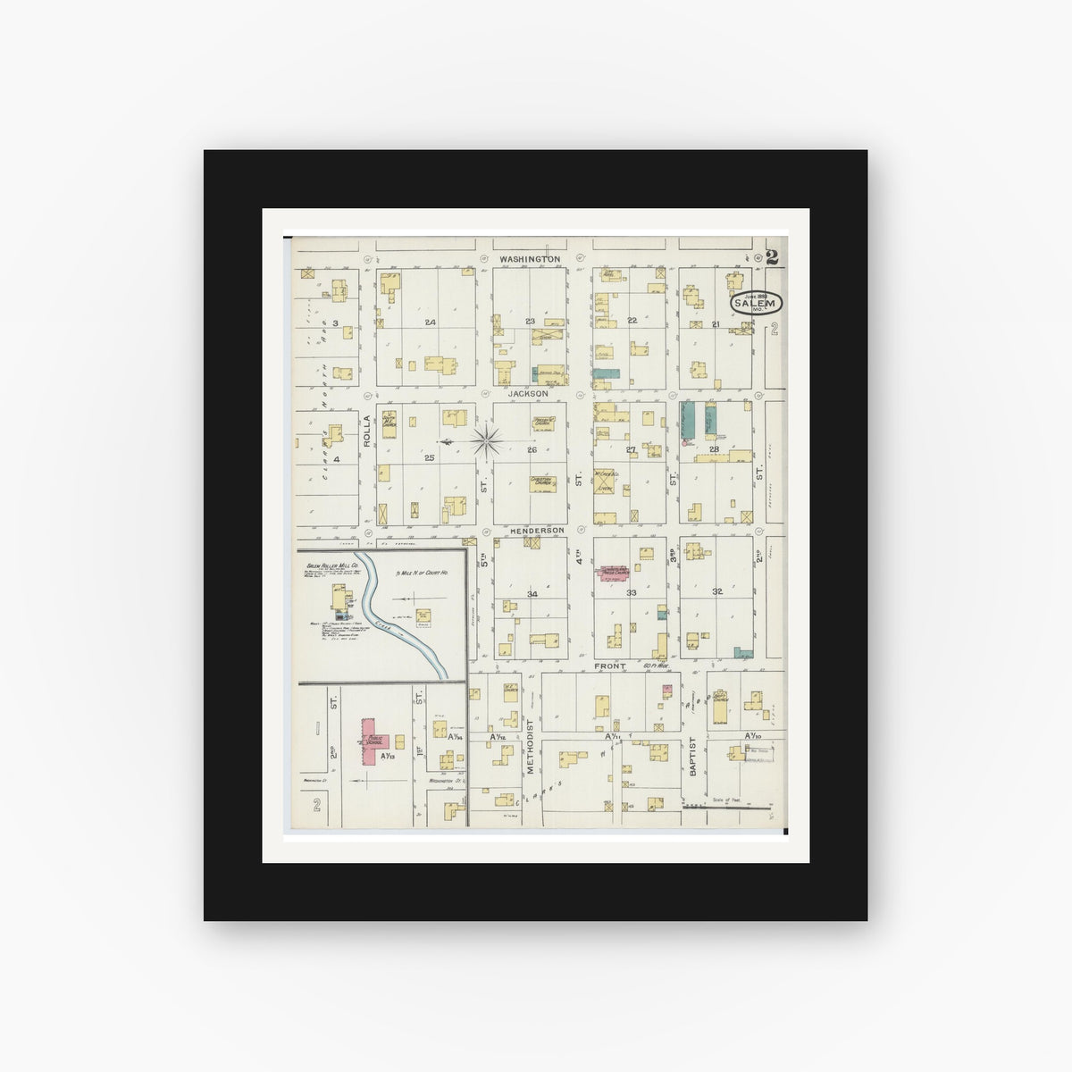 Old map wall art mockup — black gallery frame with white mat — Sanborn Fire Insurance Map from Salem, Dent County, Missouri (1893), Sheet #0002