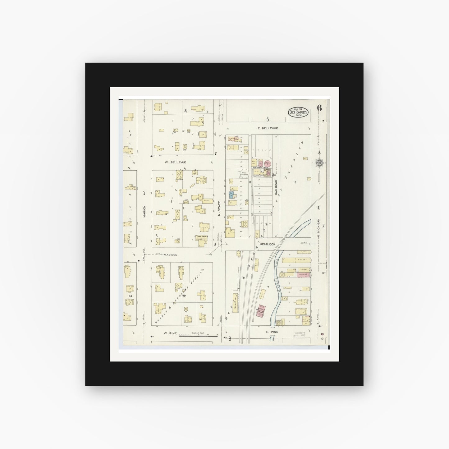 Old map wall art mockup — black gallery frame with white mat — Sanborn Fire Insurance Map from Big Rapids, Mecosta County, Michigan (1914), Sheet #0006