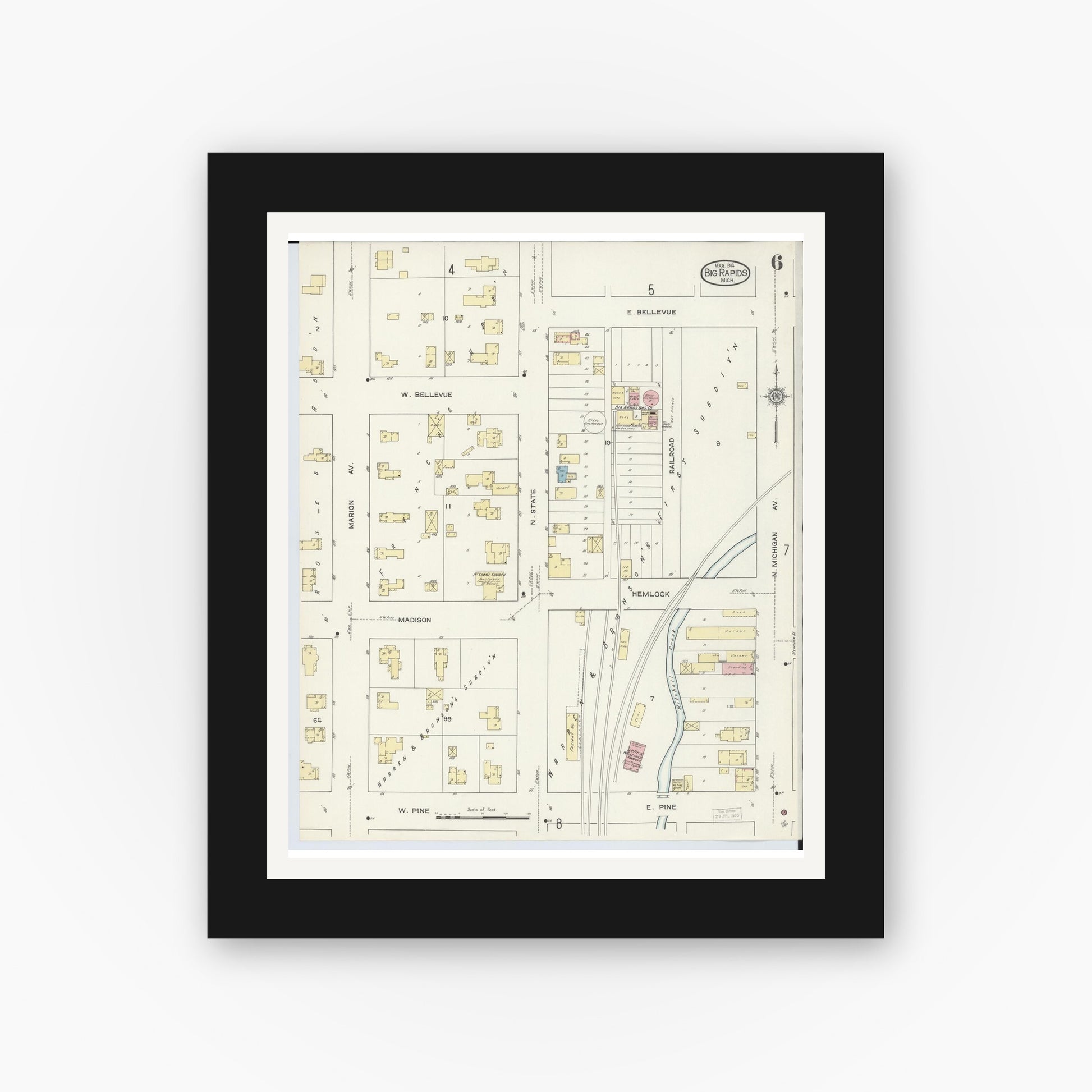 Old map wall art mockup — black gallery frame with white mat — Sanborn Fire Insurance Map from Big Rapids, Mecosta County, Michigan (1914), Sheet #0006