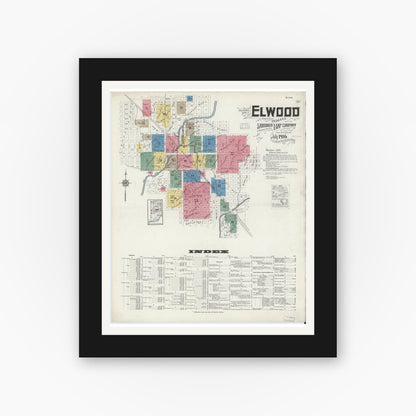 Old map wall art mockup — black gallery frame with white mat — Sanborn Fire Insurance Map from Elwood, Madison County, Indiana (1916), Sheet #0001