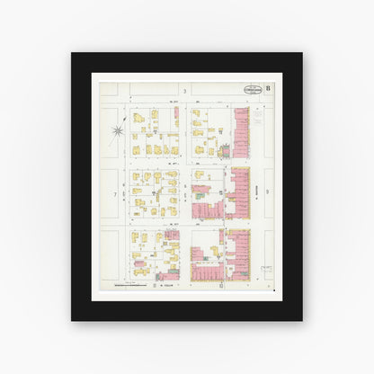 Old map wall art mockup — black gallery frame with white mat — Sanborn Fire Insurance Map from Corsicana, Navarro County, Texas (1900), Sheet #0008