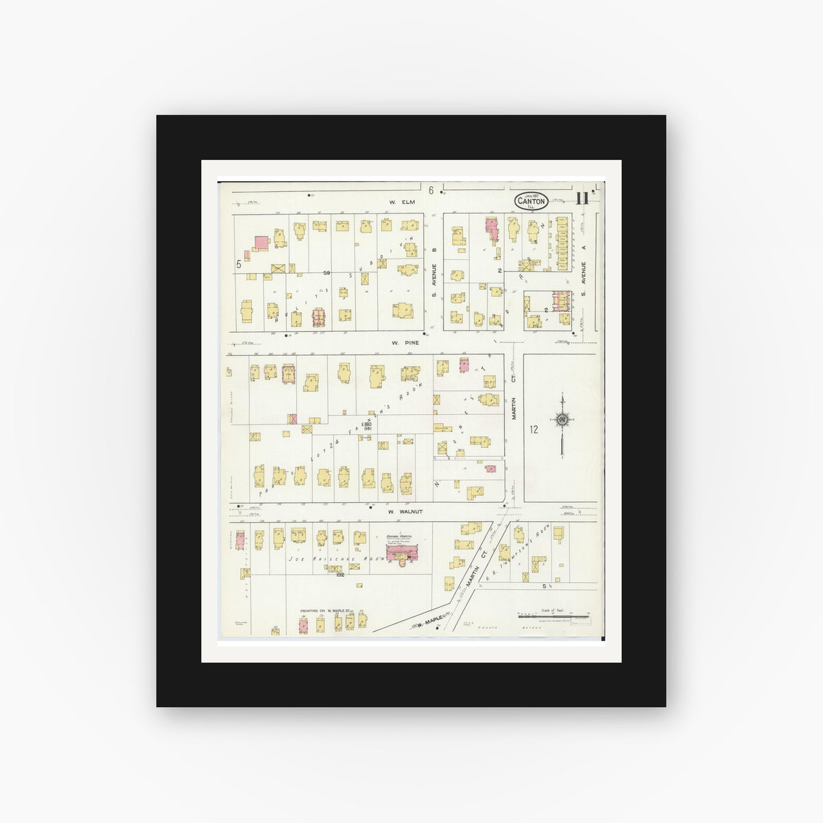 Old map wall art mockup — black gallery frame with white mat — Sanborn Fire Insurance Map from Canton, Fulton County, Illinois (1917), Sheet #0011