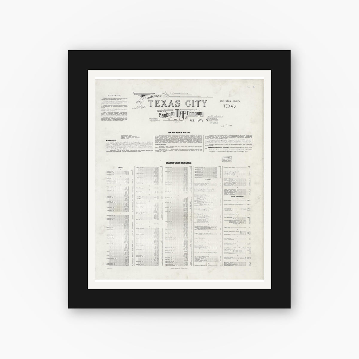Old map wall art mockup — black gallery frame with white mat — Sanborn Fire Insurance Map from Texas City, Galveston County, Texas (1949), Sheet #0001