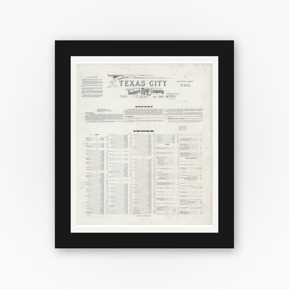 Old map wall art mockup — black gallery frame with white mat — Sanborn Fire Insurance Map from Texas City, Galveston County, Texas (1949), Sheet #0001