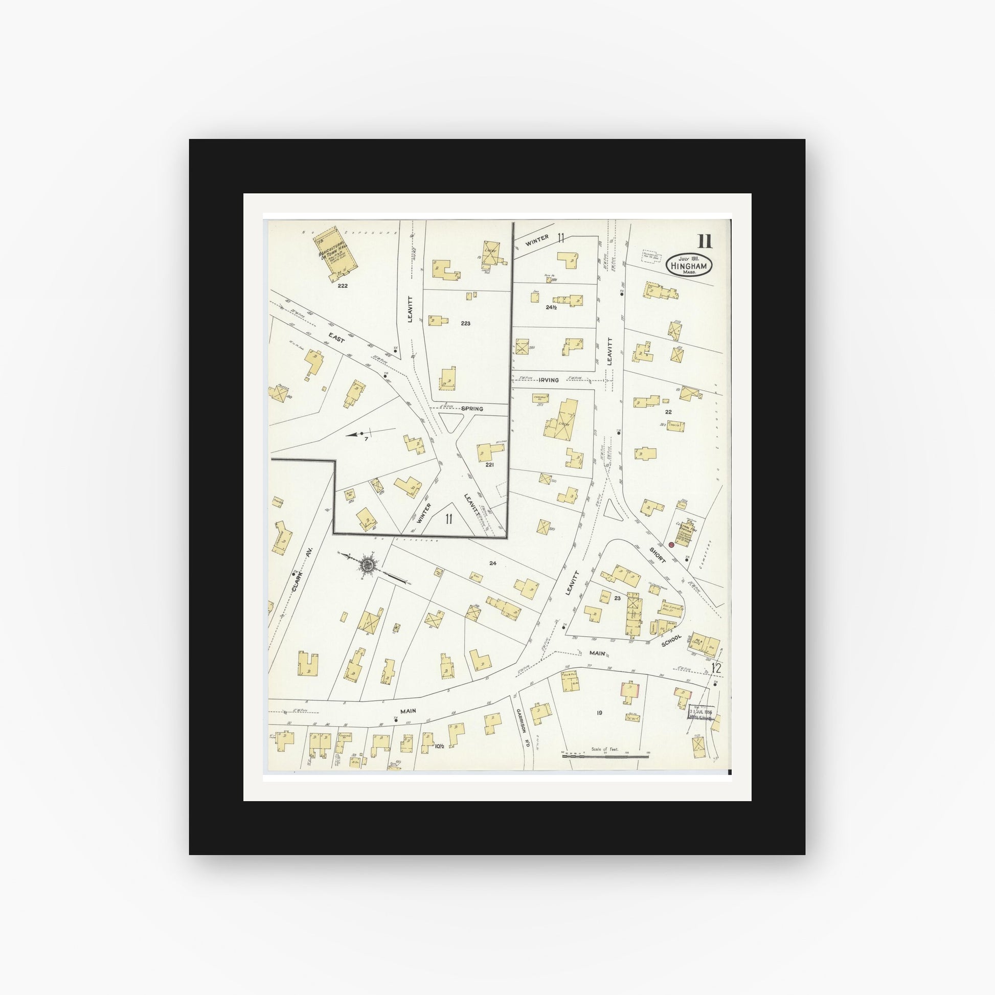 Old map wall art mockup — black gallery frame with white mat — Sanborn Fire Insurance Map from Hingham, Plymouth County, Massachusetts (1911), Sheet #0011