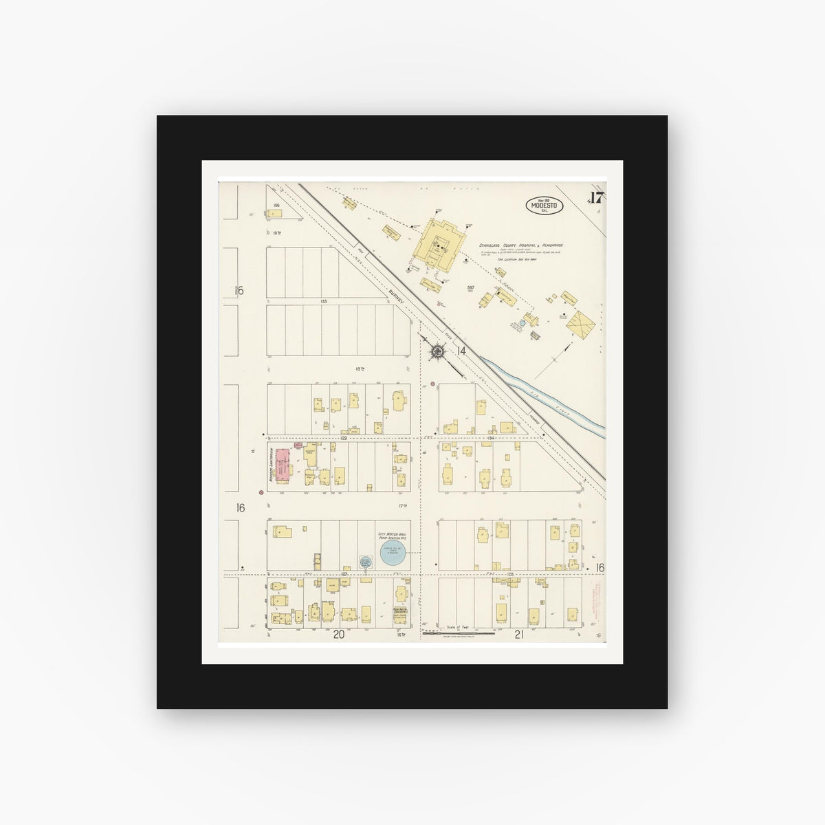 Old map wall art mockup — black gallery frame with white mat — Sanborn Fire Insurance Map from Modesto, Stanislaus County, California (1919), Sheet #0017